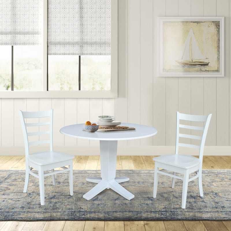 42 in Solid Wood Round Drop Leaf Pedestal Table with Dining Chairs in White