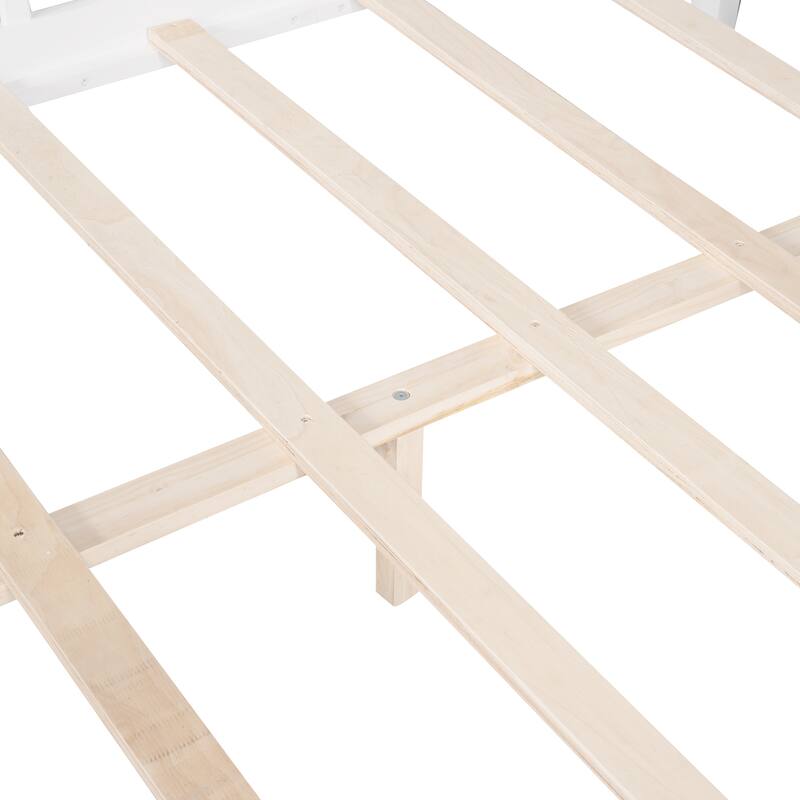 Platform Bed for Kids Teens, House Shaped Bed with Fence and Roof, Solid Wood Low Bedframe w/Slats Support, No Box Spring Needed