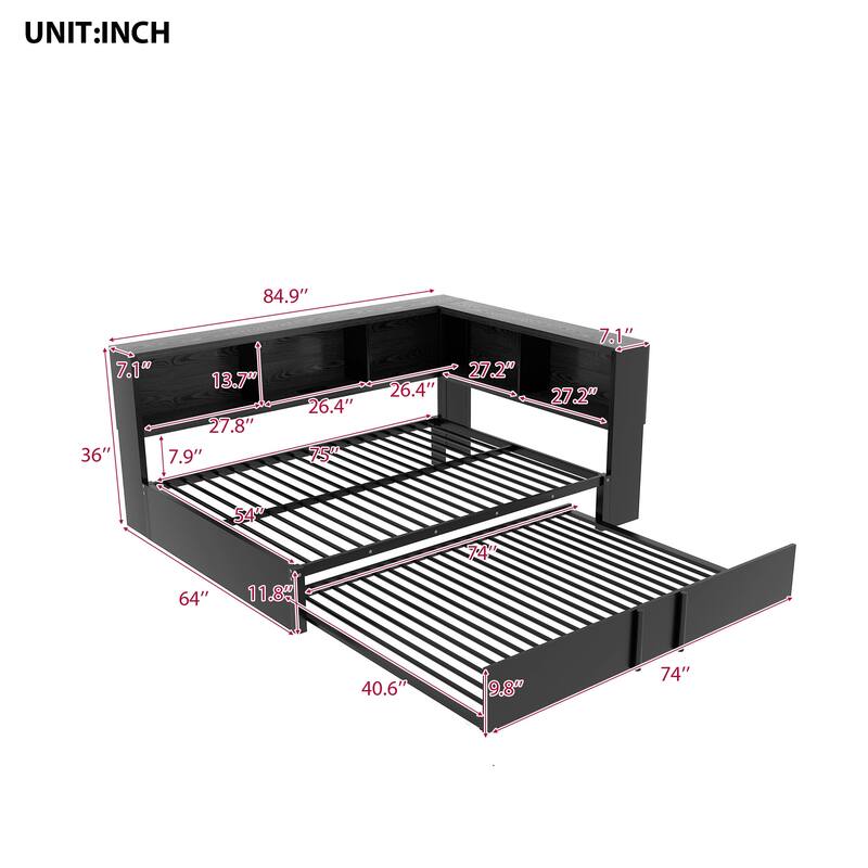 Full Size Metal Daybed with Trundle, Storage Cabinets, and USB Ports in Black