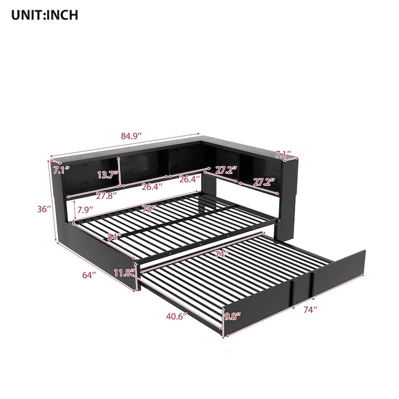 Metal Full Size Daybed with Storage Cabinets and USB Ports, L-Shaped Corner Platform Bed Frame with Pull-out Trundle Bed