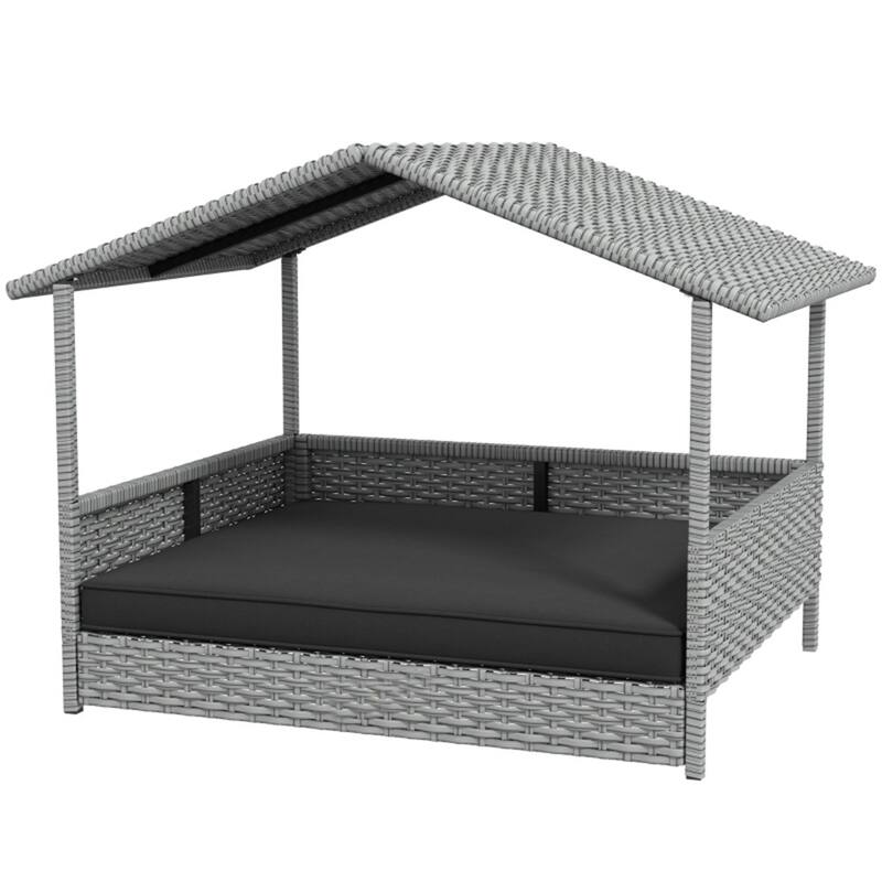 PE Rattan Steel Dog Playpen with Cushion and Anti-Slip - 38.6" L x 27.2" W x 28.7" H - Silver Grey-Grey