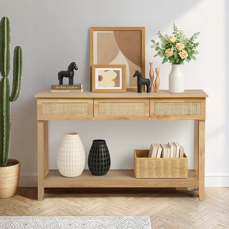 Wood Color 2-layer 3-draw MDF 130 * 30 * 81cm Rattan Surface Entrance Table