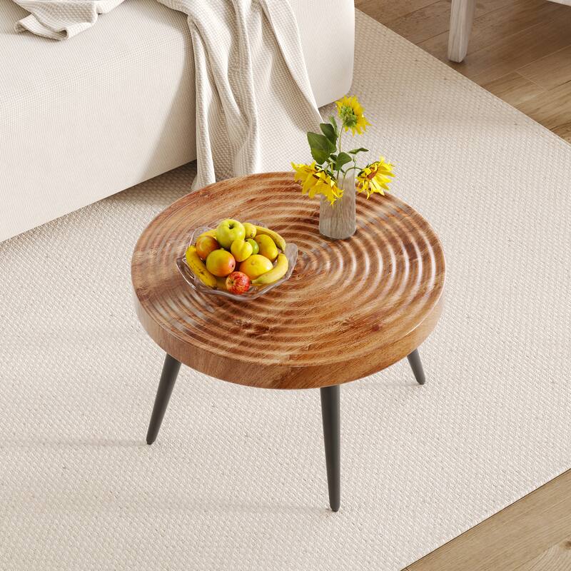 Modern Round Coffee Table - Exquisite Suction Molding Process,Natural Wood Grain Texture,Black Sprayed Metal Leg. - Black,Wood