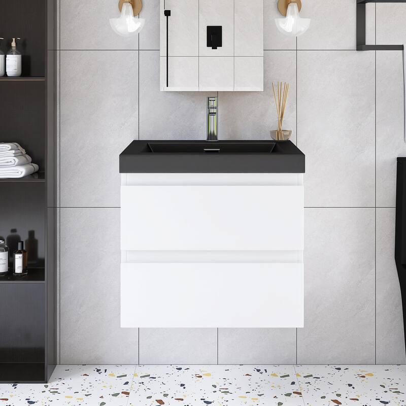 24/30/36 inch Wall-Mounted Bathroom Vanity Set in White with Integrated Black Resin Sink - 24"