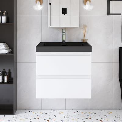 24/30/36 inch Wall-Mounted Bathroom Vanity Set in White with Integrated Black Resin Sink