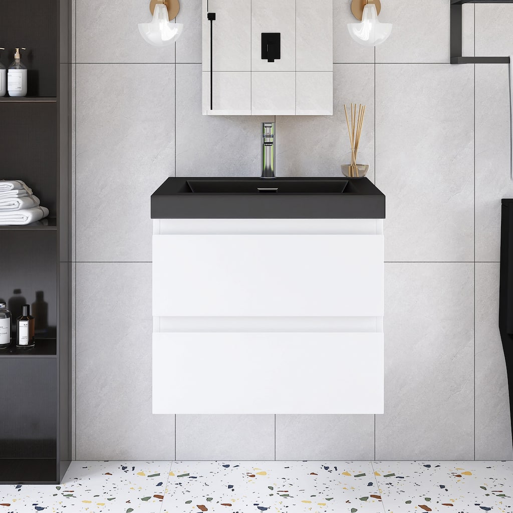 24/30/36 inch Wall-Mounted Bathroom Vanity Set in White with Integrated Black Resin Sink