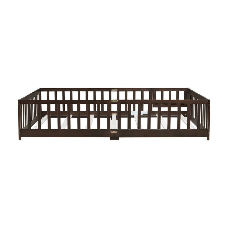 Twin/Full/Queen Size Floor Bed with Fence Guardrails and Door, Rubber Wood Toddler Bed Montessori Bed with Slats Support
