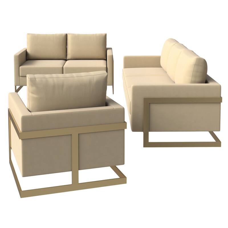 Lincoln Modern Leather 3-piece Sofa Set Accent Armchair in Gold Steel Base with Removable Cushion for Living Room or Office