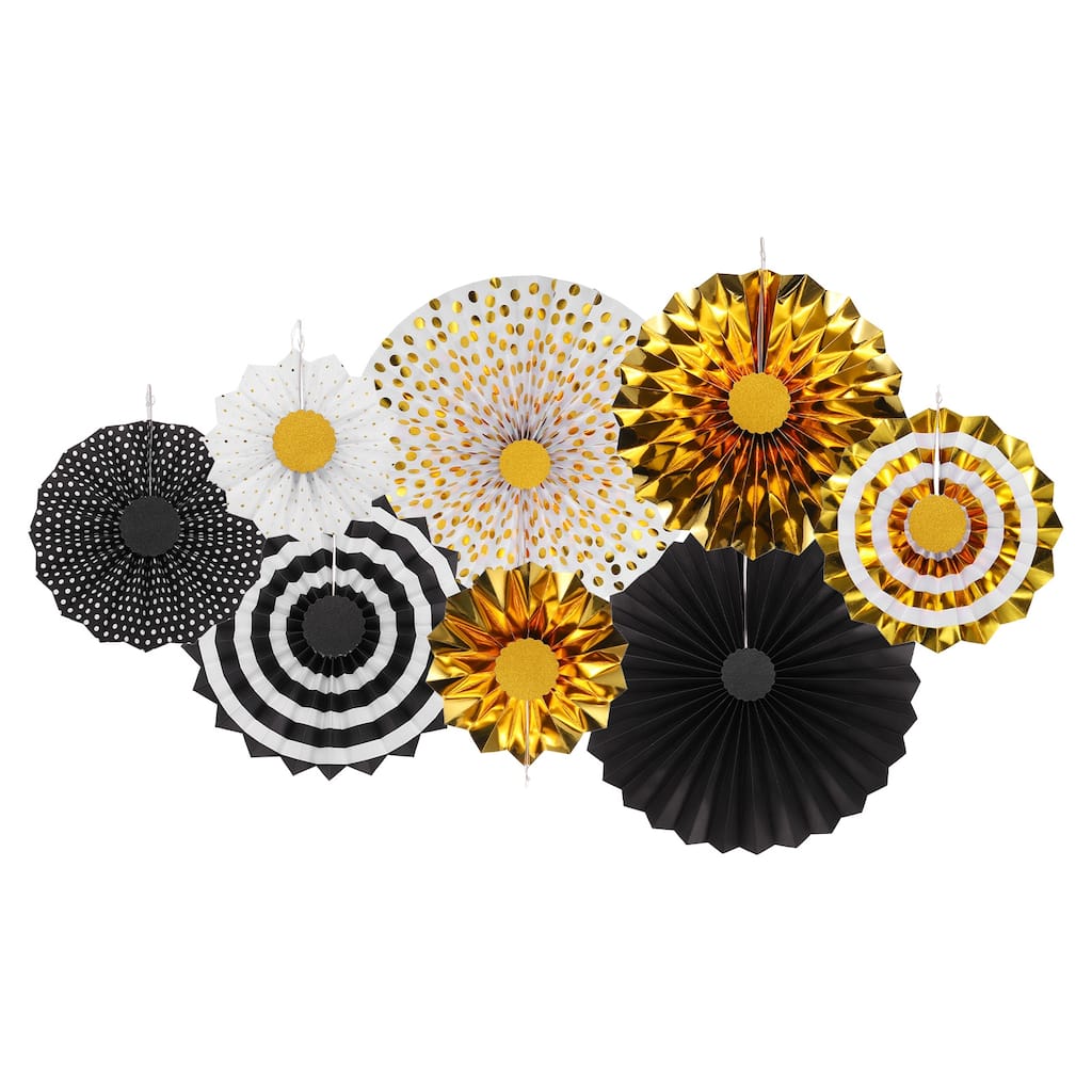 Hanging Paper Fans Party Set 8Pcs Decoration for Birthday White Black Gold - White Black Gold