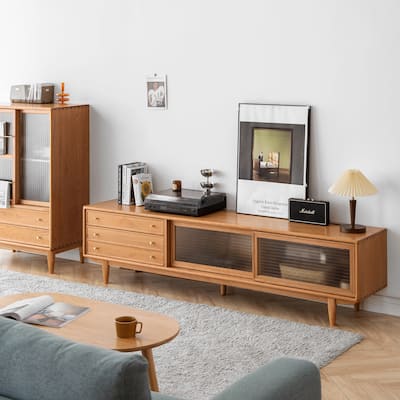 Christopher Knight Home - Yuehua Solid Cherry Wood 78" TV Stand with Changhong Glass Doors & Dual Drawer Storage