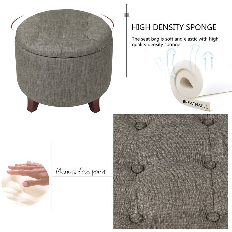 Adeco Round Linen Storage Ottoman Tufted Fabric Footstool with Lid
