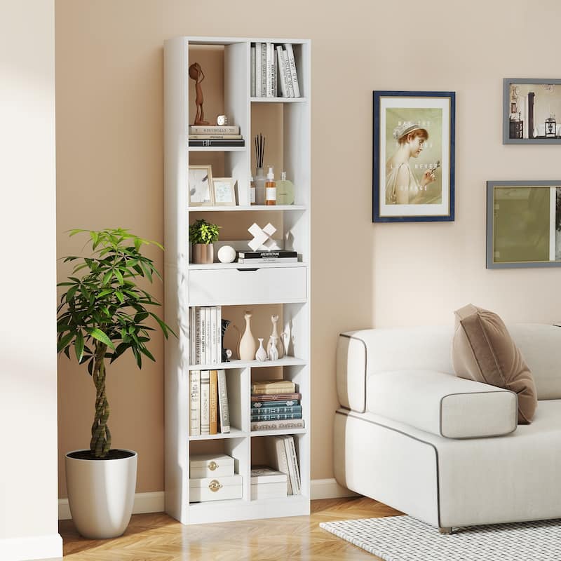 7 Tier White Engineered Wood 10-Cube Bookcase with Drawer and Anti-Tip Safety - 19.5" x 9.5" x 71"