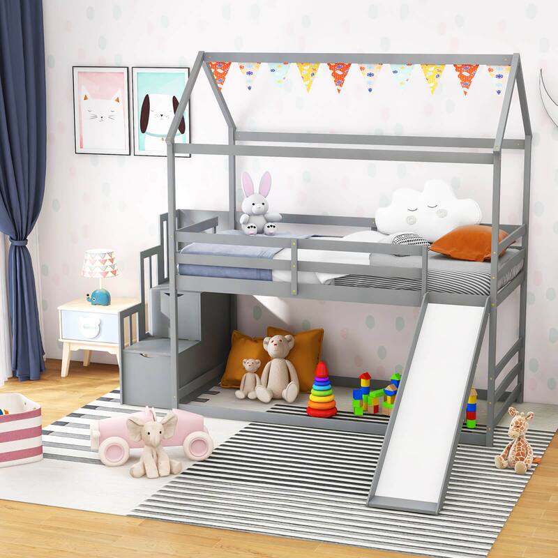 Gymax Loft Bed w/ Slide & Storage Staircase Twin Over Twin