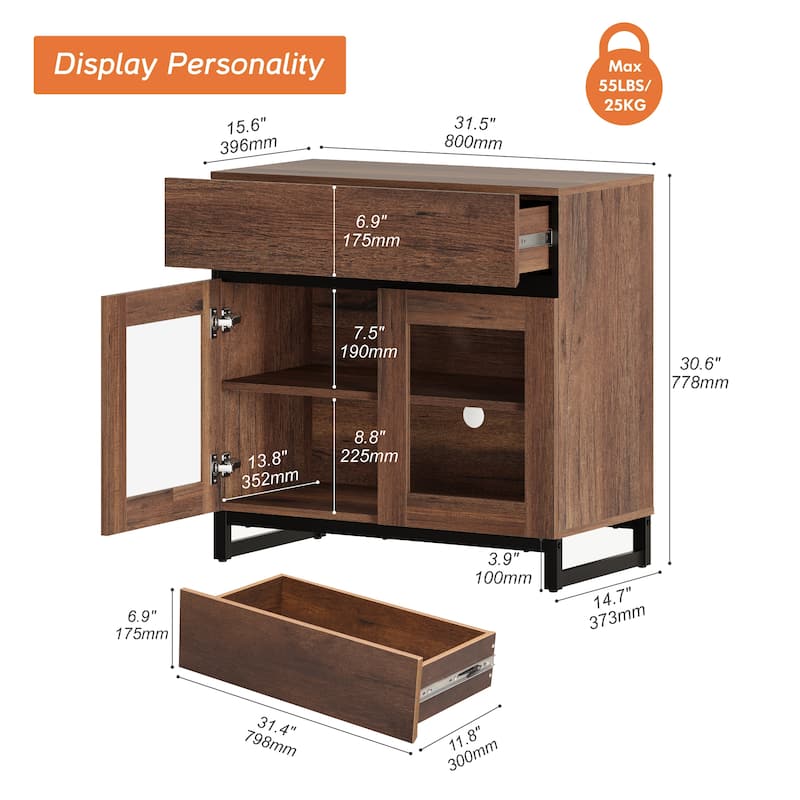 Modern Dresser With Glass Doors, Drawer, And Adjustable Shelf - Multifunctional Storage Cabinet For Living Room Or Bedroom