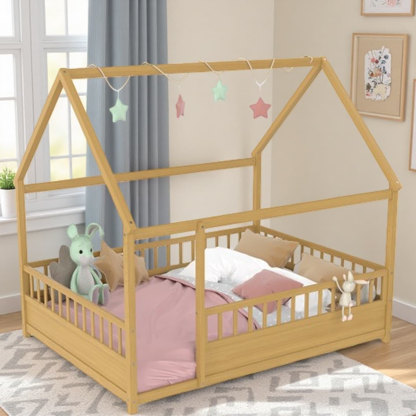 Full Size Wooden Floor Bed with House Roof and High Fence Guardrails, Pine Wood Frame