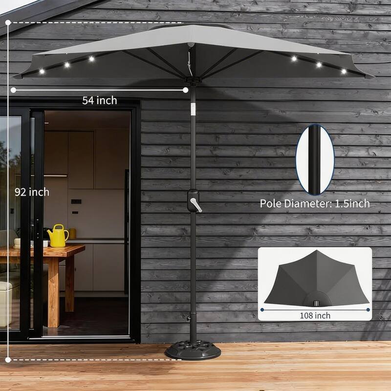 9ft Outdoor Patio Half Umbrella, with Solar LED Lights and Smooth Crank Lift