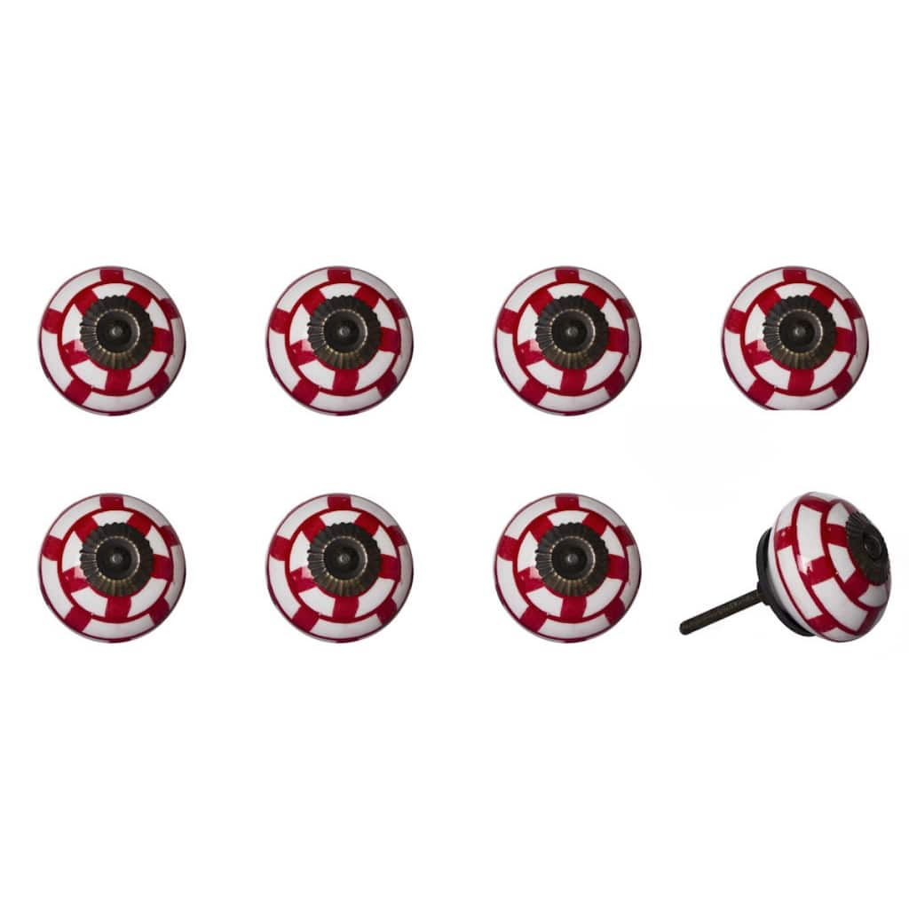 Set of 8 Decorative Red and White Ceramic Knobs for Cabinets - 1.50” x 1.50” x 1.50"