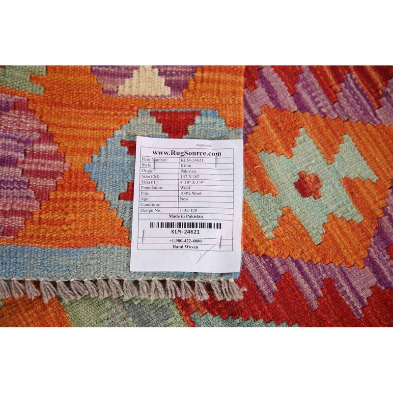 Geometric Kilim Area Rug Reversible Flatweave Wool Carpet - 3'4"x 4'10"