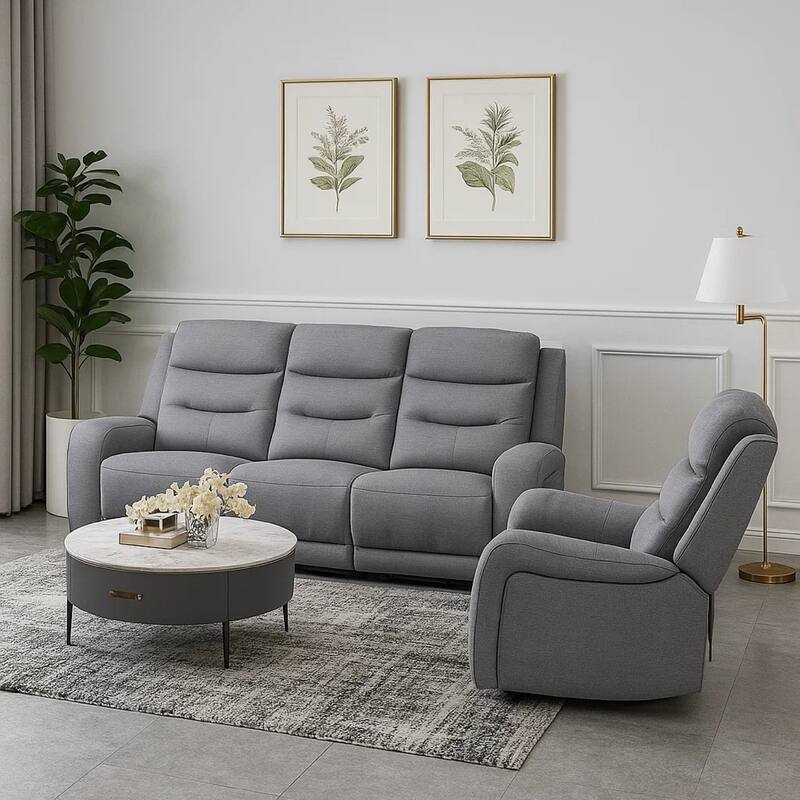 Clair 2 Piece Manual Reclining Sofa and Loveseat, Solid Wood, Gray Fabric