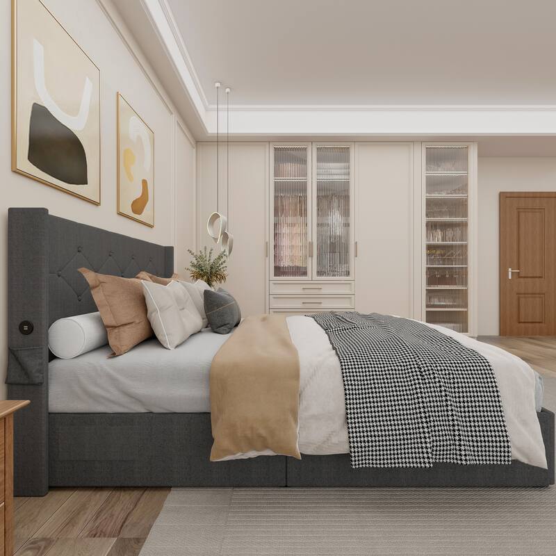Dark Gray Full Size Modern Metal Platform Bed with Storage,Wingback Headboard and USB Ports