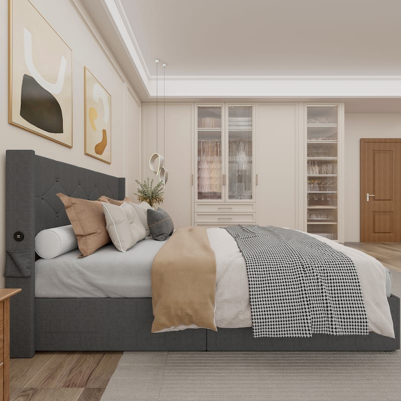 Queen Size Bed Frame with Storage - Lift Up Storage Bed with Modern Wingback Headboard, USB Ports - Dark Gray