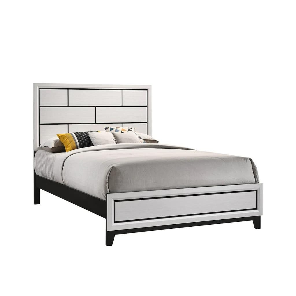 Asir Twin Size Bed, Geometric Panel Headboard, Modern White Wood Finish