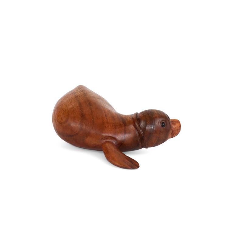 Hand Carved Sea Lion Figurine, Wood Sculpture Coastal Decor, Sitting Seal Statue