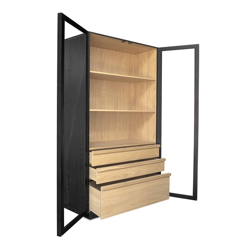 NADAAL STUDIOS Corwin Display Cabinet, Two-Tone Solid Ash Frame with Tempered Glass Doors, Black