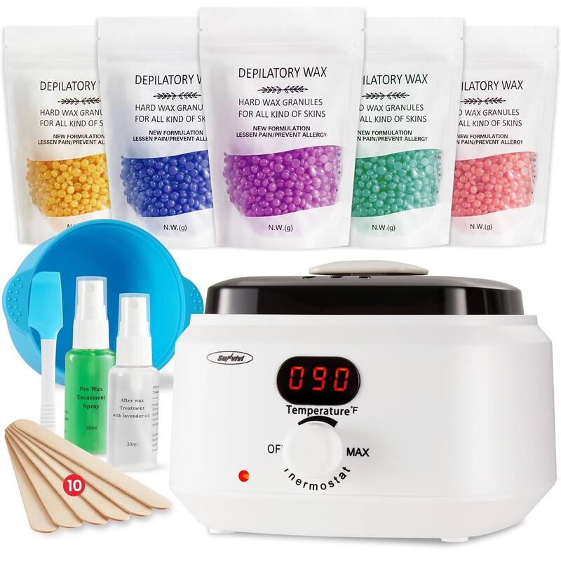 Brazilian Wax Warmer Kit with 5 Hard Wax Beads & Digital Display - For Full Body, Face, Bikini, Sensitive Skin - White