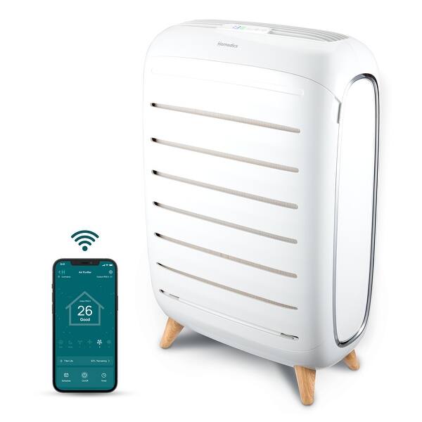 slide 2 of 6, Homedics AP‑C500 Smart True HEPA Console Air Purifier | Wi‑Fi + Voice | UV‑C & Aroma Tray | White White