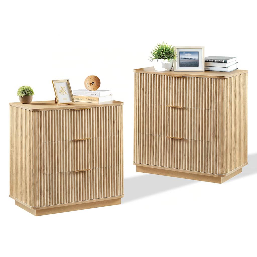 Anmytek 2 Pack 3 Drawer Dresser 27.6 Inch Wide Curved Wave Design Oak Wood Nightstand Organizer