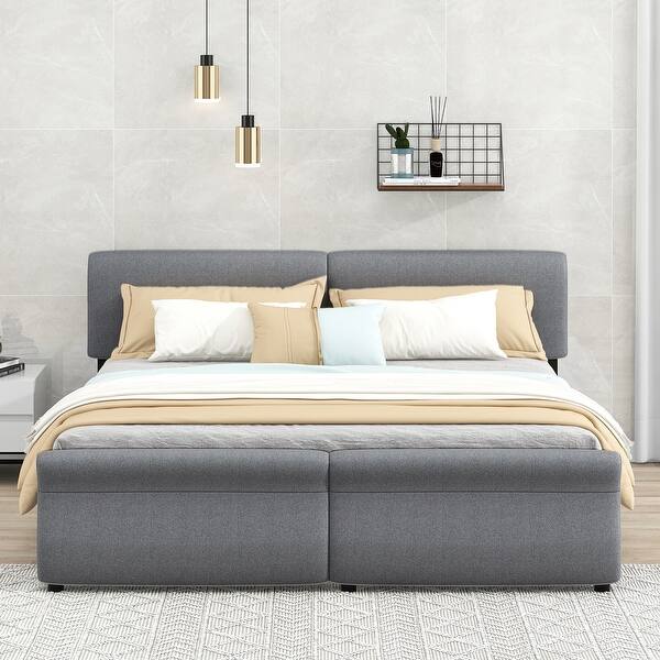 slide 2 of 9, King Size Upholstery Platform Bed with Two Drawers, Gray Grey
