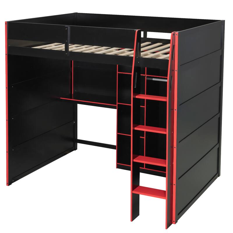 All-in-one Full Size Wood Loft Bed for Gaming & Workspace with Desk, Open Wardrobe, Storage Compartments and RGB Light Strip