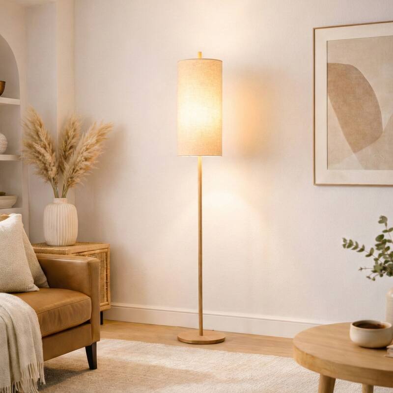 Alicia Natural Wooden Floor Lamp with Cylindrical Woven Shade
