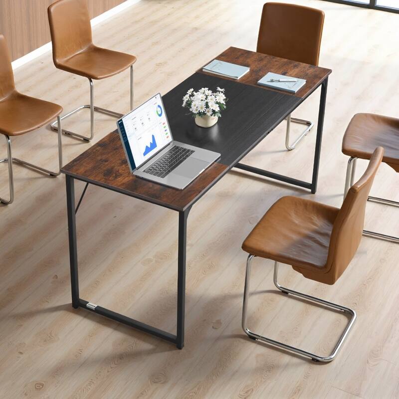 63" Modern Office Desk with Brown Top and Black Stable Steel Frame for Multi-Purpose Use