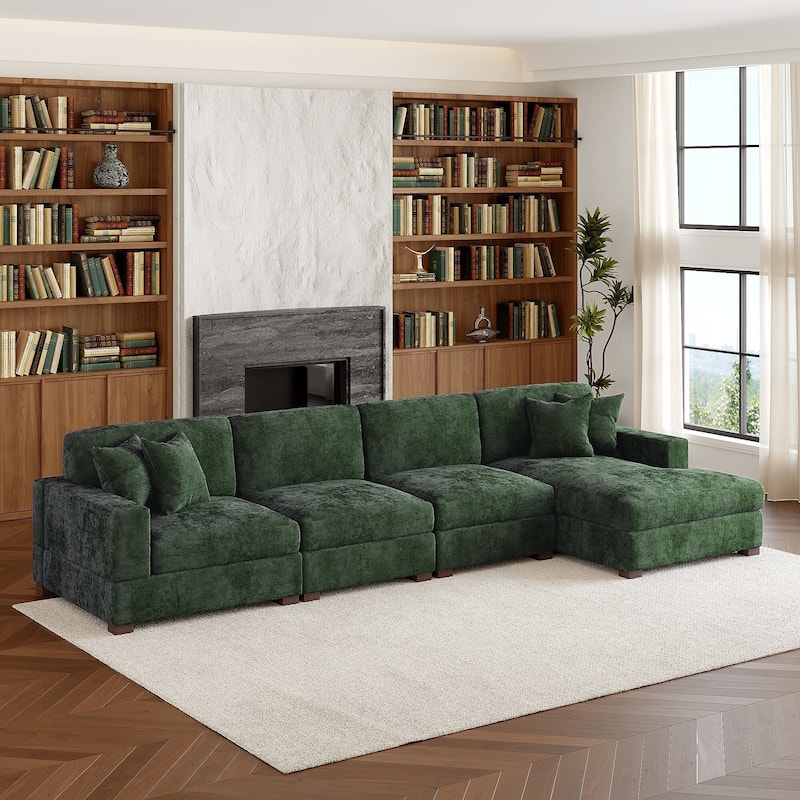 Modern Oversized Chenille Modular Sectional Sofa With Chaise - Green/4 Piece - Right Facing