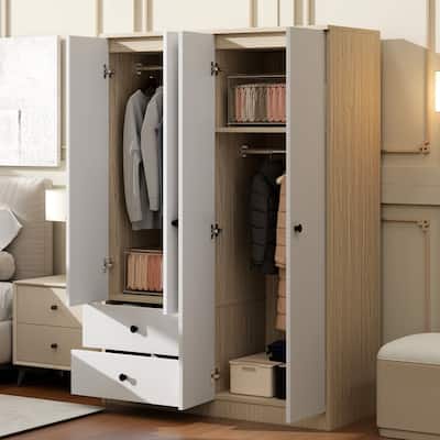 4-Door Armoire Wardrobe Closet with Drawers, Shelf and Hanging Rod