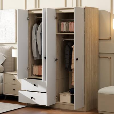 4 Doors Wooden Wardrobe Closet with Drawers, Large Freestanding Armoire Bedroom Storage Cabinet for Hanging Clothes