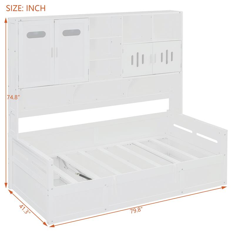 Wooden Daybed Storage Platform Bed with All-in-One Cabinet and Shelf, 10 Slats Multi-Functional Space-Optimizing Bed Frame
