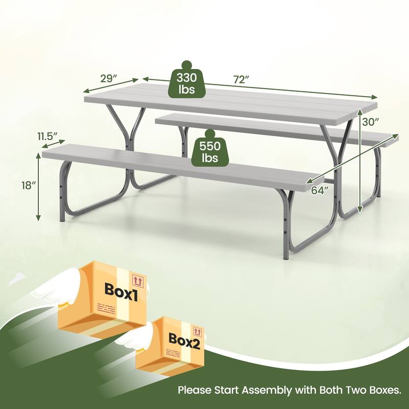 72 Inch 8-Person Outdoor Picnic Table and Bench Set with HDPE Wood-Texture Top and with Built-in Umbrella Hole