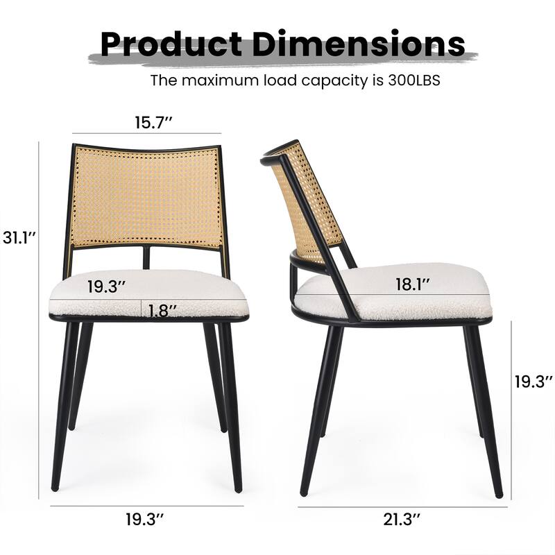 Dining Chairs Set of 2, Mid-Century Modern Kitchen Chairs with Rattan Backrest & Metal Frame, Boucle Upholstered Accent Chairs