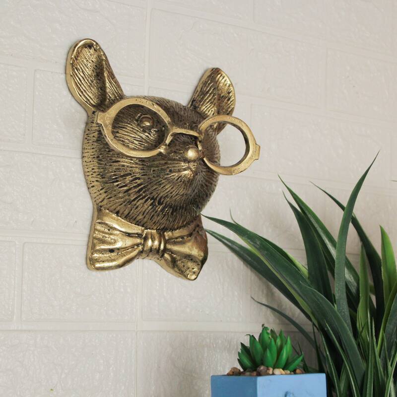 Gold Mouse Head Wall Hanging With Spectacles Quirky Cast Aluminum
