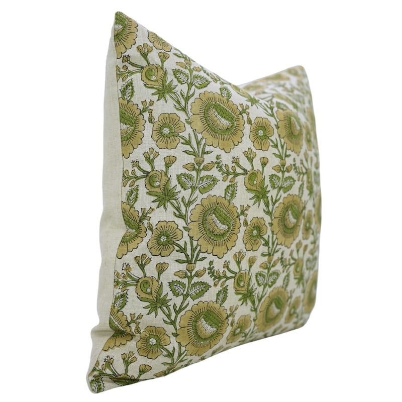 Fabdivine Handmade Floral Accent Pillow 26x26 Inch for Farmhouse Fall Living Room or Sofa Décor, Green Soft Linen, Sun Flower
