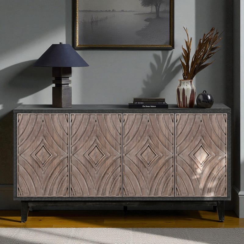 60" Mid Century Modern Sideboard Buffet Cabinet with Diamond Pattern Doors, Solid Wood Legs, Storage Credenza for Living Room - Brown