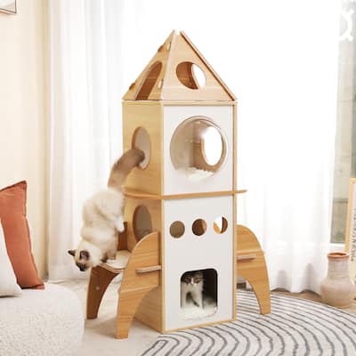 Modern Rocket Shape Multi-level Cat Tree with Condos & Dangling Balls