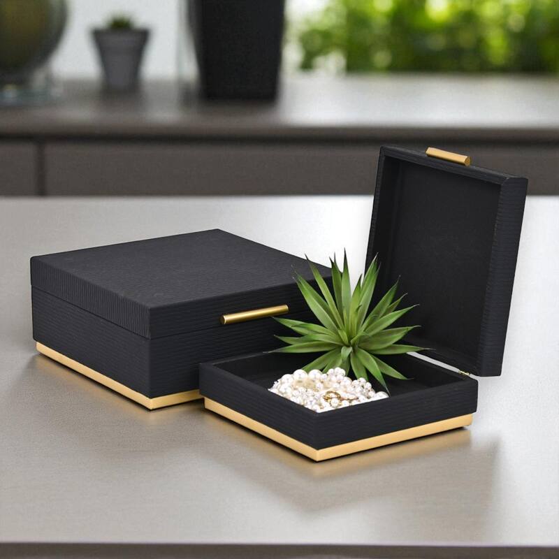 Eira Set of 2 Square Decorative Storage Boxes - Retro Stripe Pattern with Gold Hardware - Black