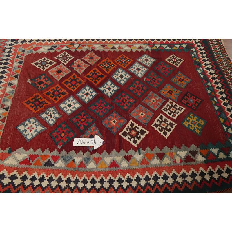Tribal Kilim Qashqai Persian Vintage Rug Hand-Woven Red Wool Carpet - 5'0"x 6'8"