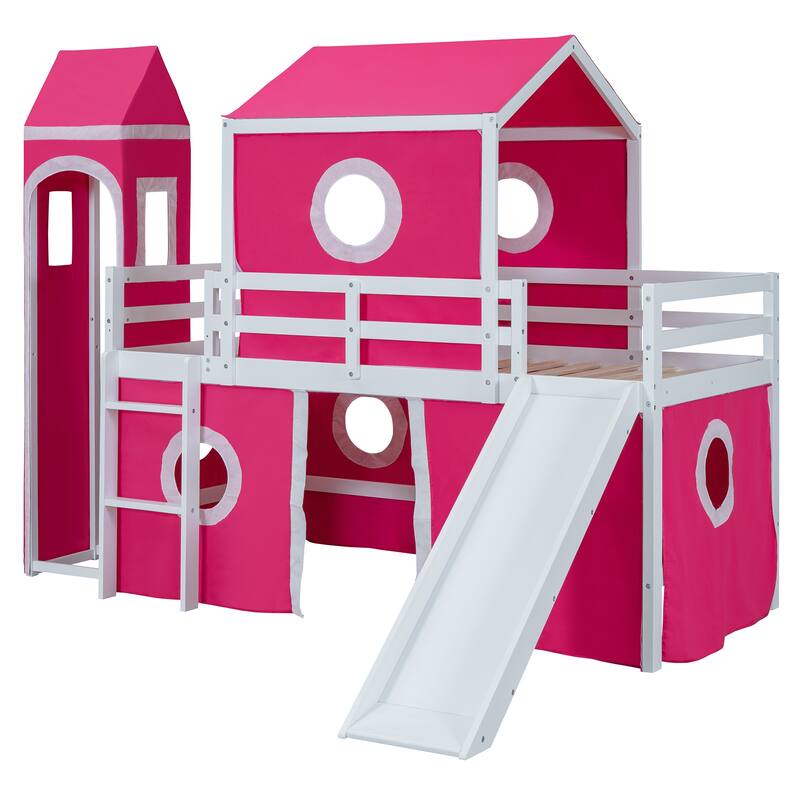 Solid Wood Loft House Bed with Slide Tent, Tower, Ladder, and Fence Baffle for Bedroom