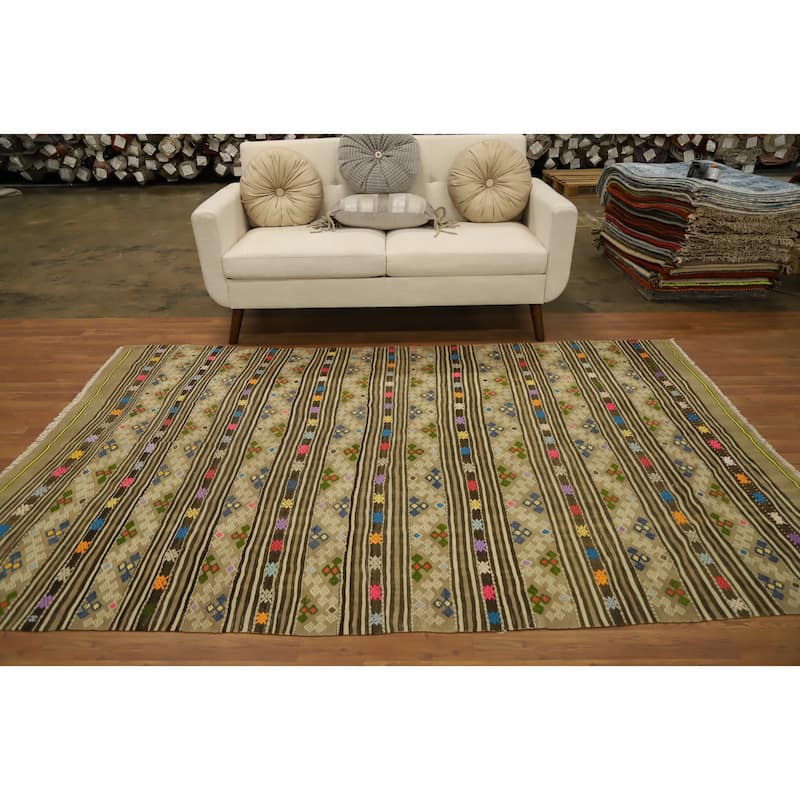Hand Woven Oriental 100% Wool Carpet Southwestern Tribal Multi-Colored Kilim Area Rug - 8' 5'' X 5' 6''