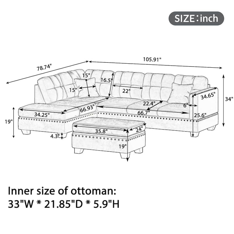 105 inch Reversible Sectional Sofa L shape Couch Space Saving with Storage Ottoman and Cup Holders Design